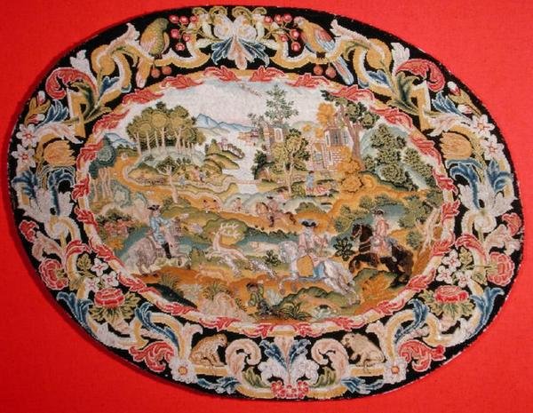 狩猟の場面、1710-35年頃（キャンバスに刺繍） 作： フランス語学校