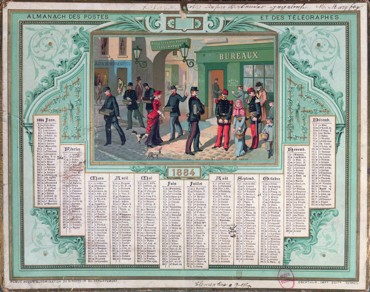 1884年の郵便局のカレンダー 作： フランス語学校