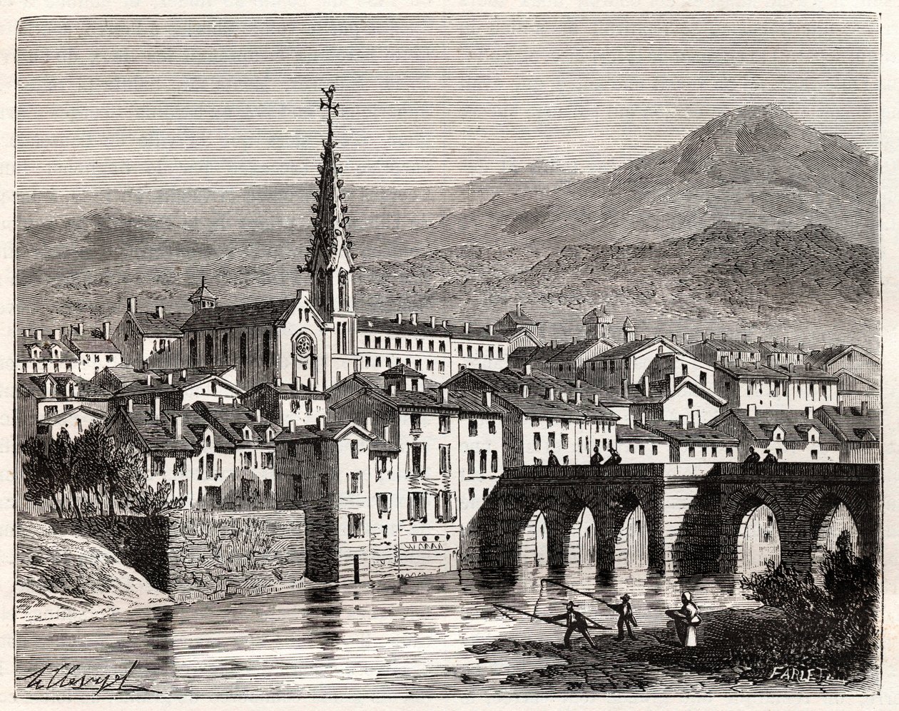Saint-Antonin-Noble-Val (サン・アントナン・ノーブル・ヴァル) - Languedoc-Roussillon-Midi-Pyrenee - V.A. Malt-Brownによる "France illustree: Geography, history, statistical administration "に掲載された彫刻。1884 作： フランス語学校