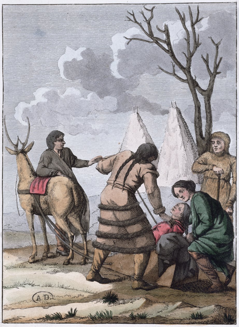 サモエデ結婚、1811年（カラー彫刻） 作： フランス語学校