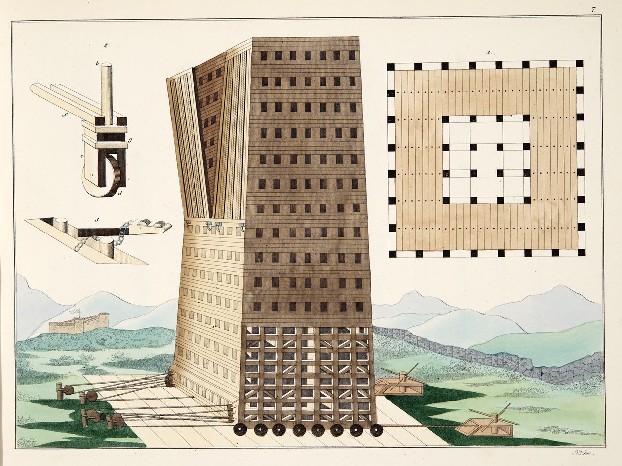 紀元前305年のロードス包囲戦中のデメトリウスポリオルセテスの塔（紀元前336〜283年）、フランツコッテンカンプ博士による「騎士道の発展と税関の歴史」のプレート、カールホフマン発行 作： フリードリヒ・マルティン・フォン・レイビッシュ
