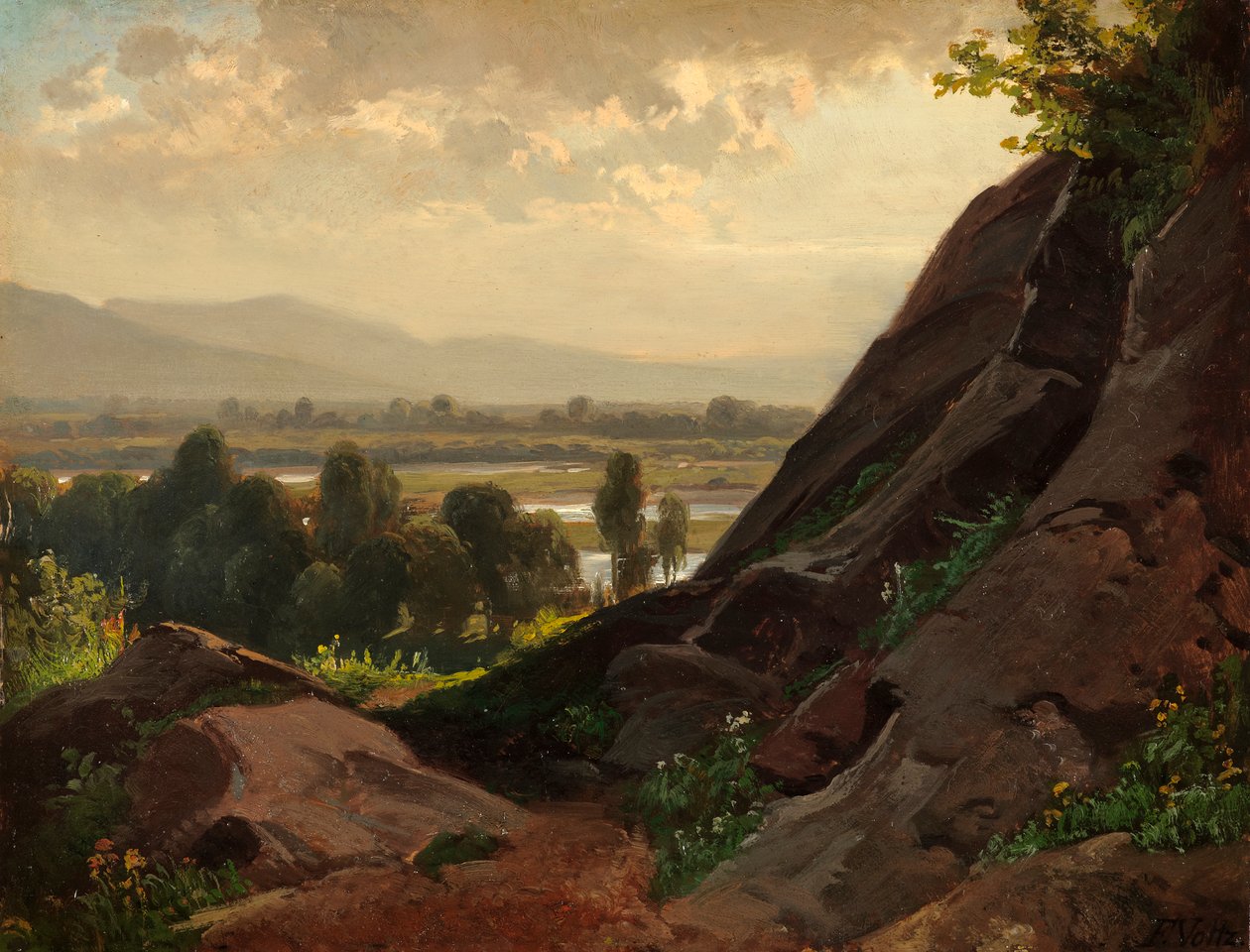 前景に岩が露出した山の風景 作： フリードリヒ・ヴォルツ