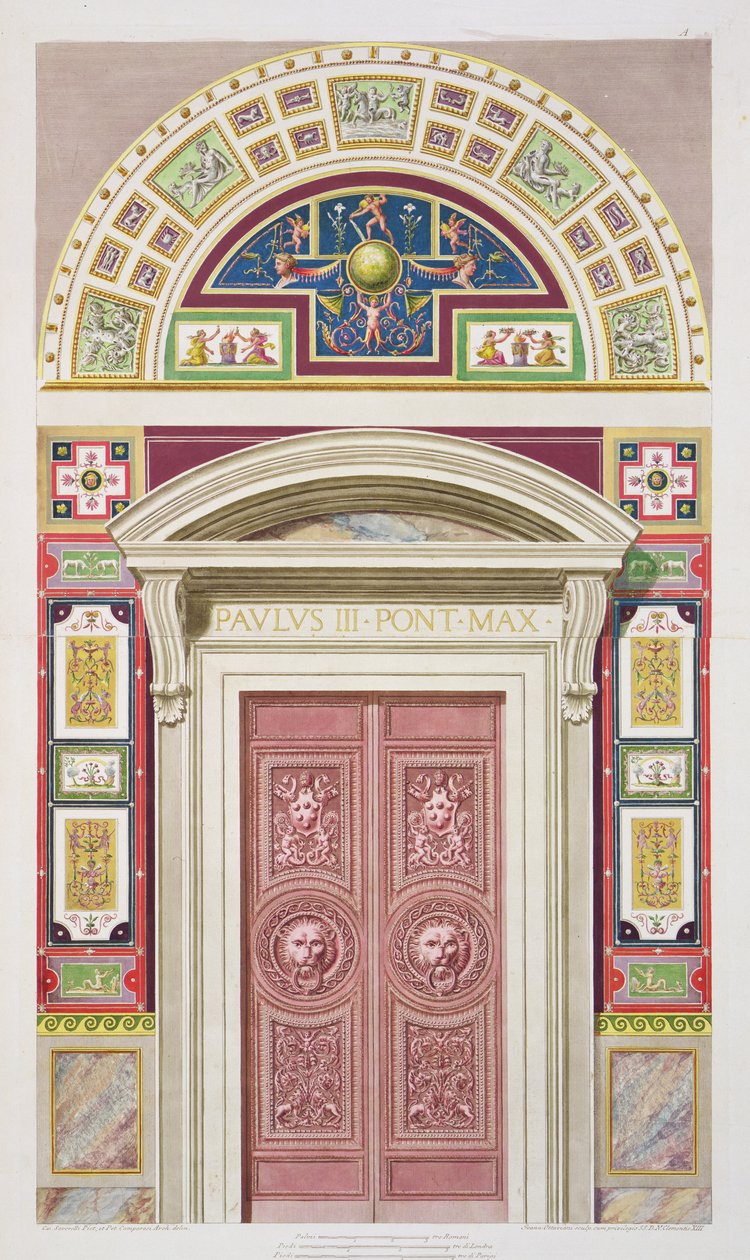 ジョバンニオッタヴィアーニ（c.1735-1808）によって彫刻された「Delle Loggie di Rafaele nel Vaticano」から、バチカンのラファエルロッジアへの玄関口、c.1772-77（手塗りの彫刻）を公開 作： G.とカンポレシ、P。サボレッリ