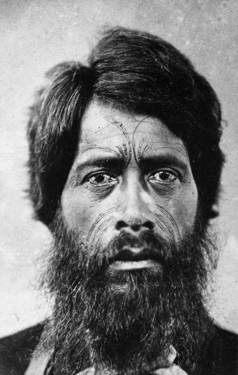 顔の「The Tattoo」タトゥーを持つマオリの男、1860 作： GWビショップ
