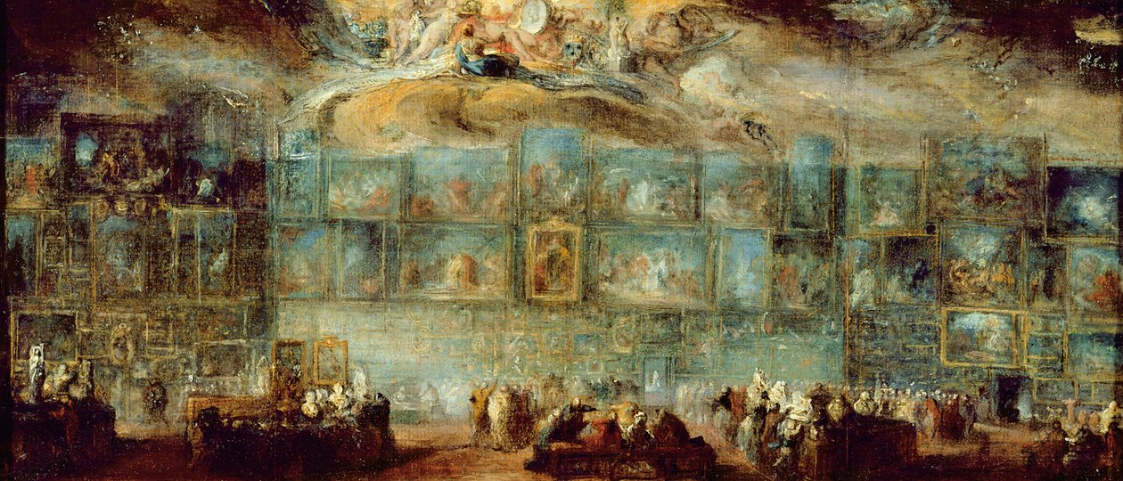 ルーヴル美術館でのサロンの眺め、1779年（キャンバスに油彩、紙に油彩） 作： ガブリエル・ド・サン・トーバン