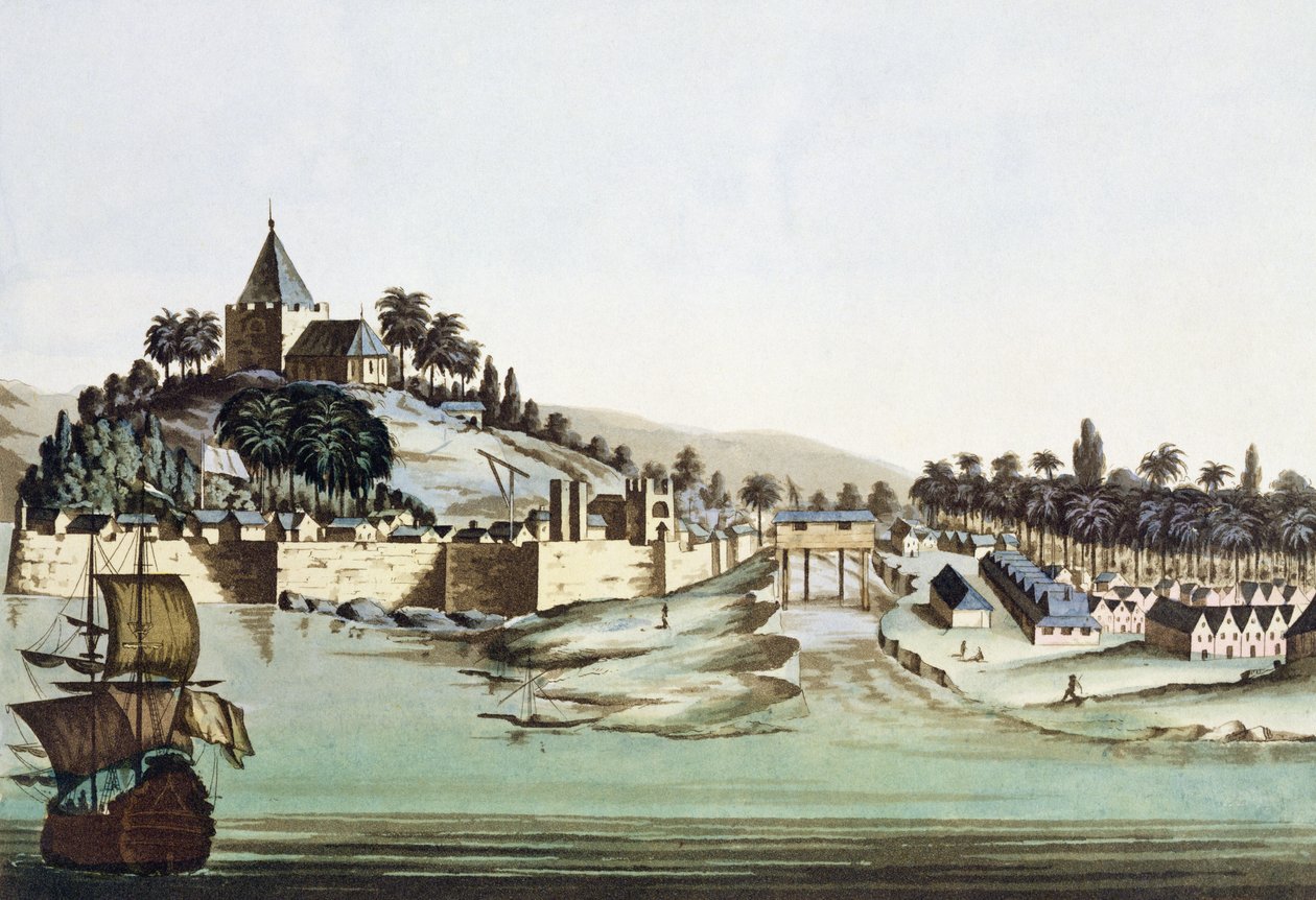 マレーシアのマラッカの港と町、ジュリオフェラーリオの「ルコスチュームアンシェンエモデルヌ」のイラスト、1820年代から30年代に出版 作： ガエターノ・ザンコン