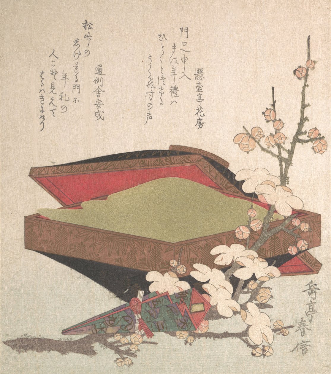 梅の花とケーキボックス、1819年。 作： 岳亭