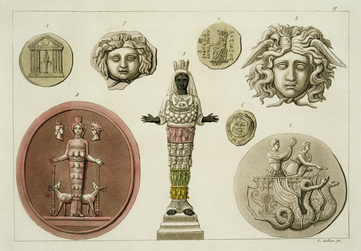 ギリシャの彫像と硬貨、ジュールフェラーリオの「ルコスチュームアンシアンエモデルヌ」のプレート77、c.1820s-30sを公開 作： ガロ・ガリナ