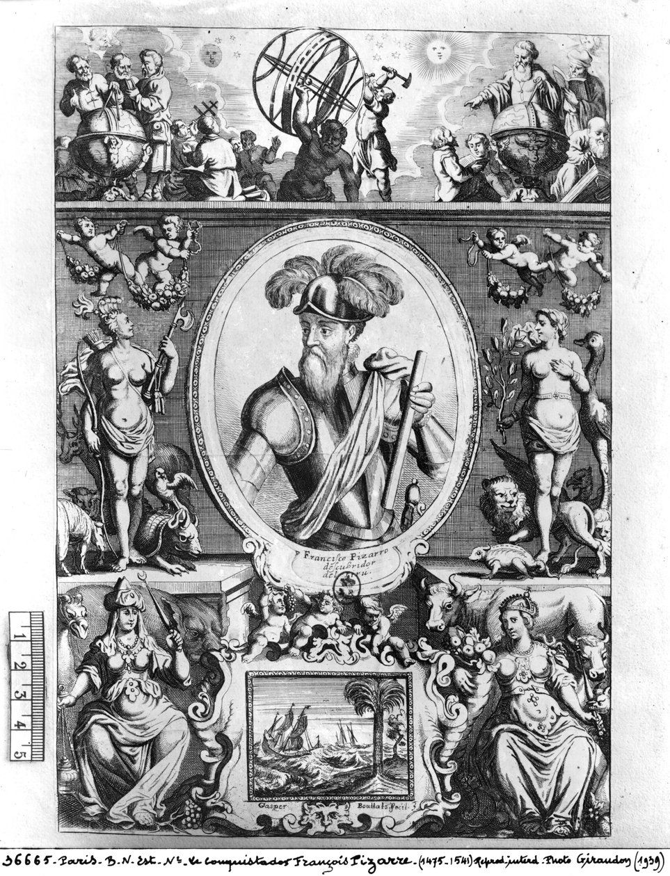 寓意的な人物が描かれたフランシスコピサロ（1475年〜1541年）の肖像 作： ガスパル・ブッタッツ