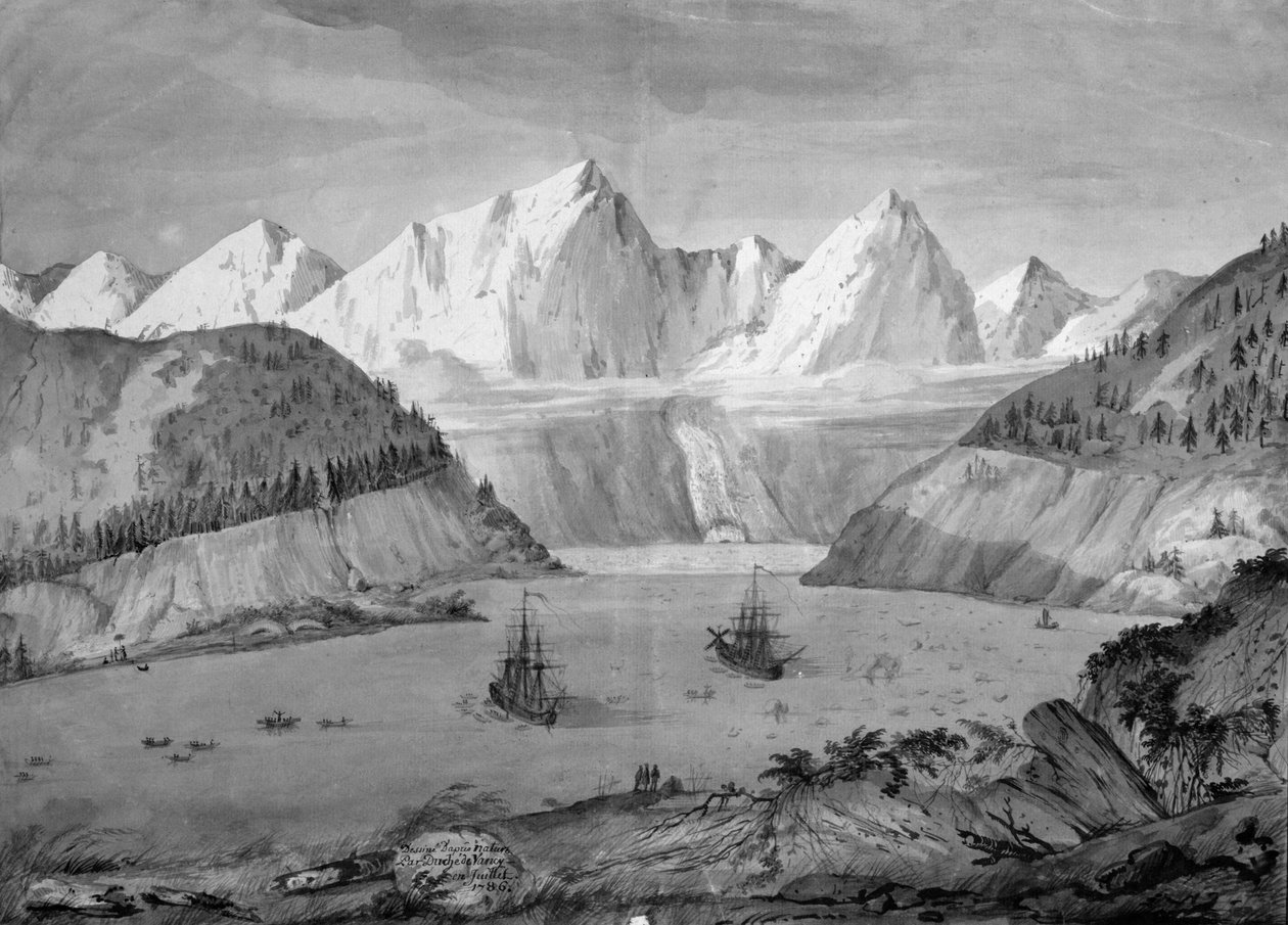 アラスカ州ルポルトデフランセ、1786年7月の「ヴォヤージュドラペルーズ」（ペンとインクで紙の上で洗う）（375728も参照） 作： ガスパールデュッシュドヴァンシー