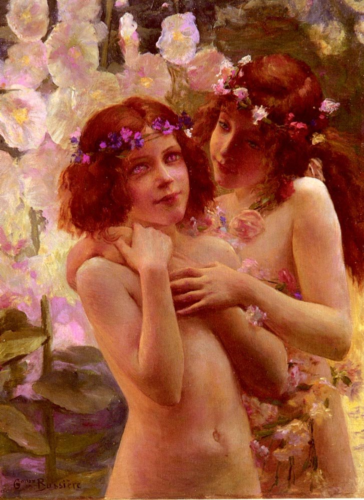 花の冠を持つ2人の子供 作： ガストン・ブシエール