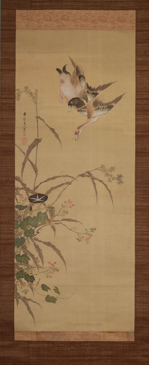 アヒル、花、草、c.1800-22（シルクのインクと色） 作： 玄人三神