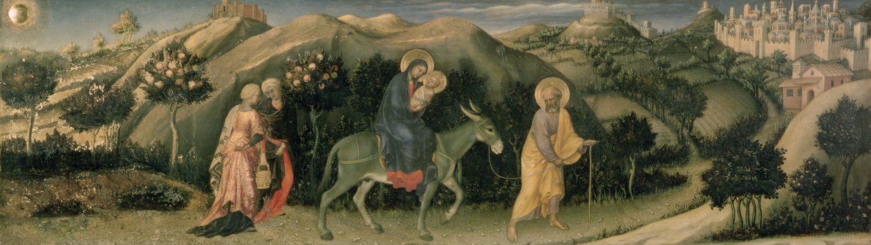 マジ祭壇画の礼拝、中央プレデラエジプトへの飛行、1423年（パネル上のテンペラ） 作： ジェンティーレ・ダ・ファブリアーノ