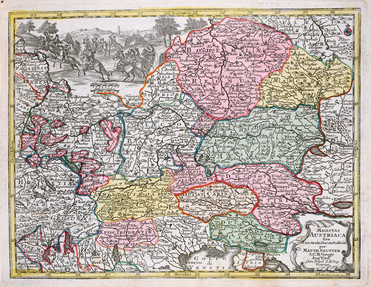 オーストリア帝国の地図、1750年頃（カラー彫刻） 作： ゲオルク・マシュー・セッター