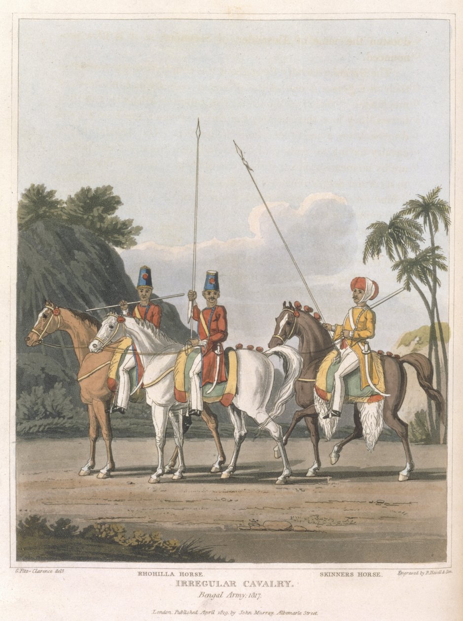 ベンガル軍1817年の不規則な騎兵隊、プレート5、「インドを横切ってエジプトを経由してイギリスに至る道の日記」から、R。ハヴェルと息子のパブで彫刻。 1819（アクアチント） 作： ジョージ・オーガスタス・フィッツクラレンス