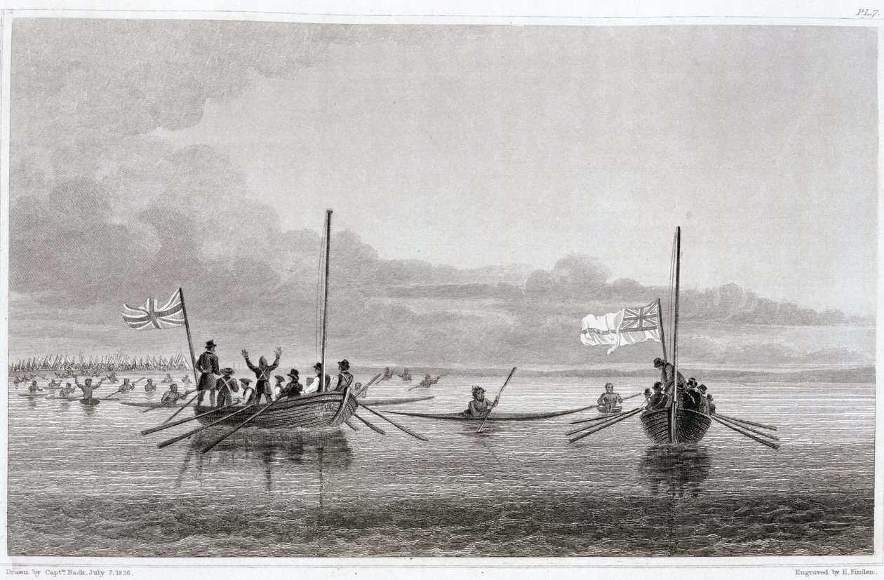 1826年7月7日、ショールウォーターベイのボートに向かうエスキモー、ジョンフランクリン卿（1786-1847）による「1825年から27年の北極海の海岸への2番目の遠征の物語」の刻印 作： ジョージ・バック