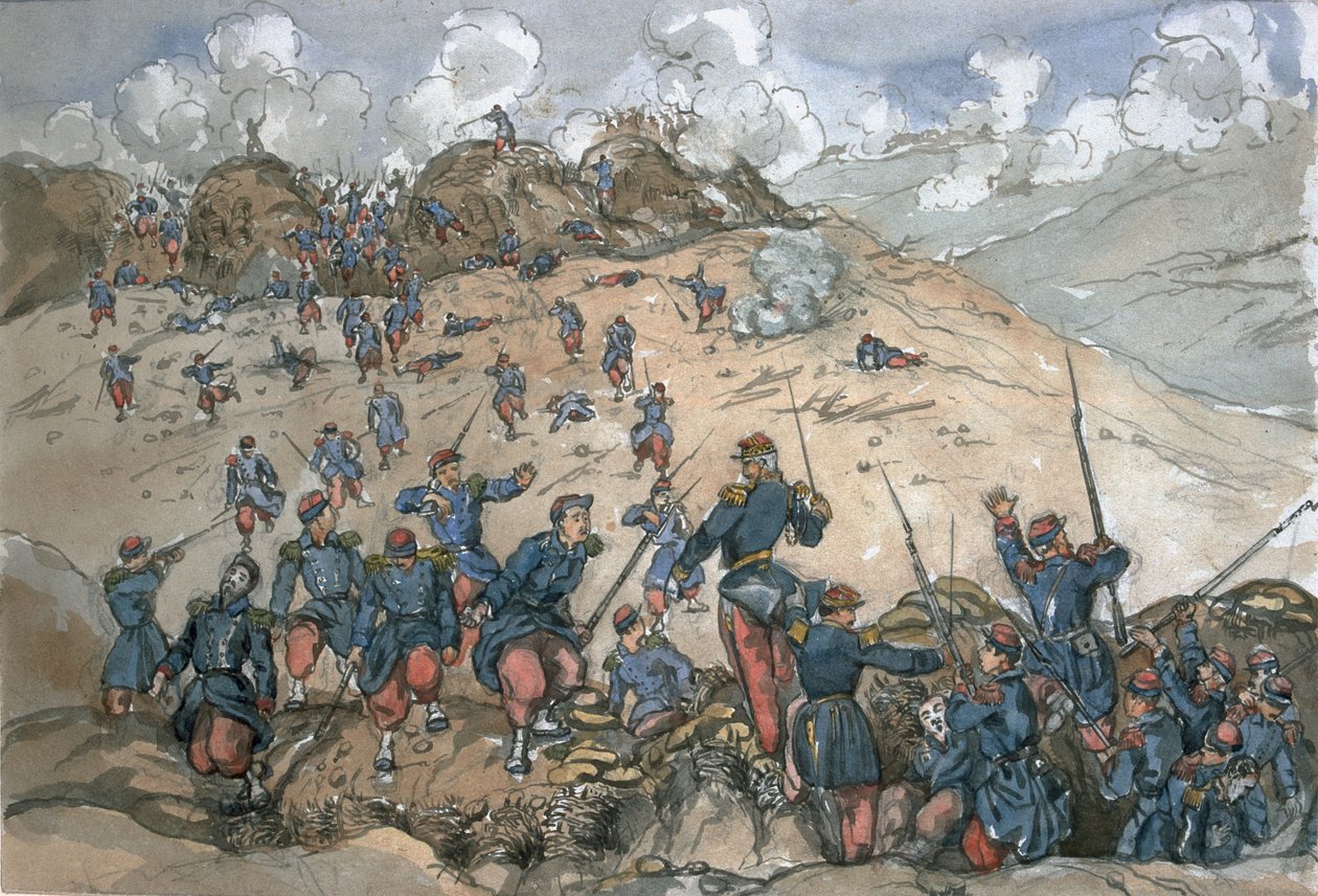 「カドガンのクリミア」として知られる絵画とスケッチのアルバム（1854-56年）からのセバストポル包囲戦中のデサル将軍下のフランス軍によるバスティオンセントラルの攻撃 作： ジョージ・カドガン