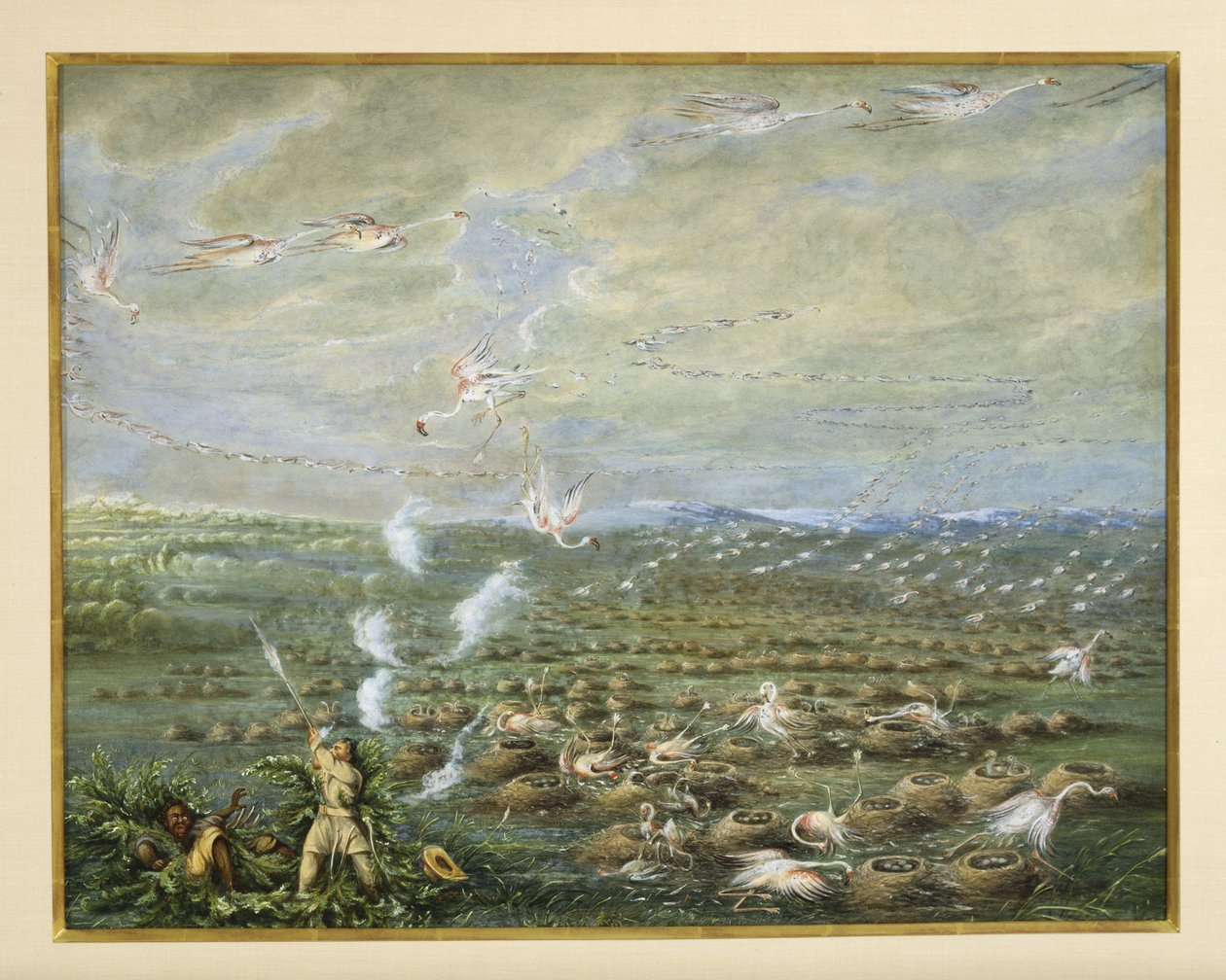 南アメリカのフラミンゴ射撃、1856年（板紙にガッシュとトイレ） 作： ジョージ・カトリン