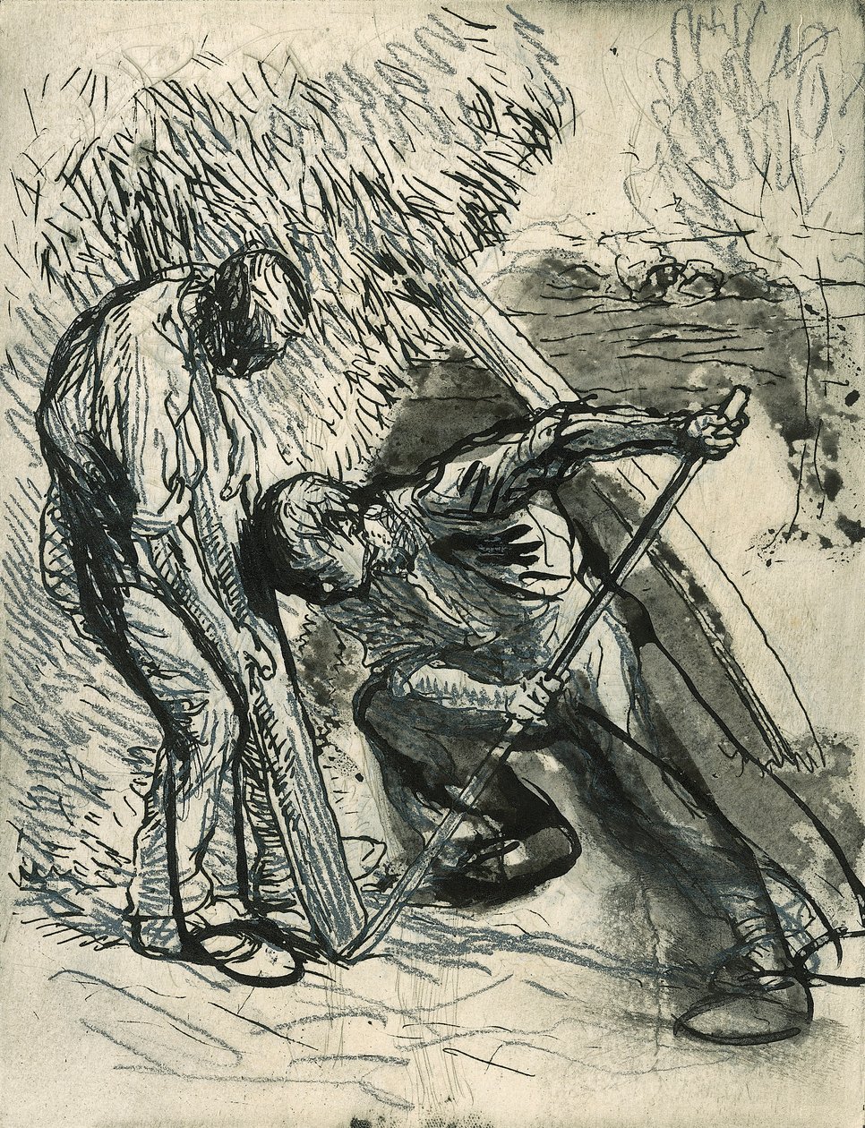 リックの支え、c.1900（プルーフエッチングの上に鉛筆、ペン、インク） 作： ジョージ・クラウセン