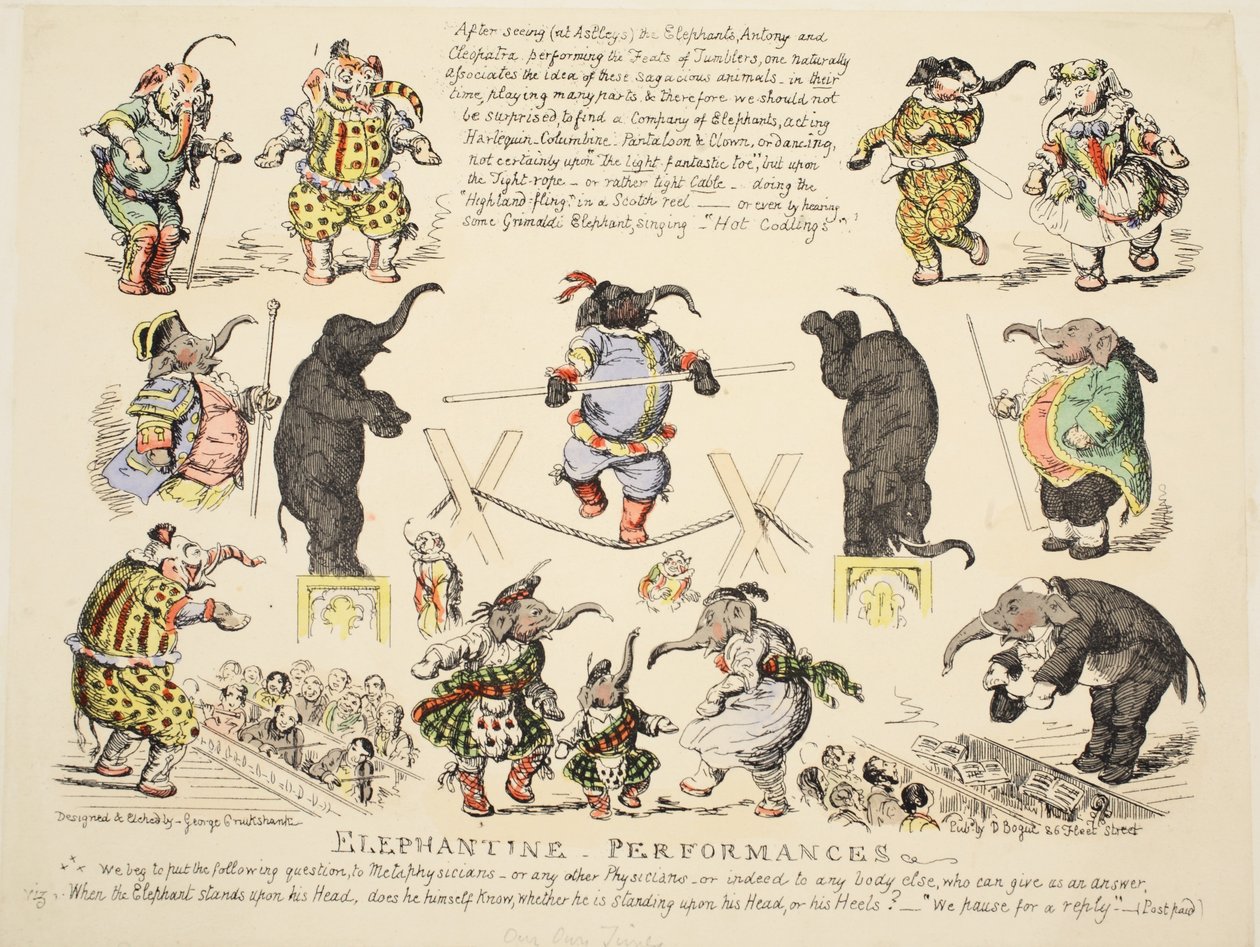 エレファンティンパフォーマンス、パブ。 c.1854（手描きのエッチング） 作： ジョージ・クルクシャンク