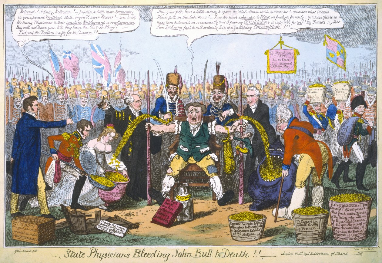 州の医師がジョンブルを死に至らせている!!、1816年（手描きの彫刻） 作： ジョージ・クルクシャンク