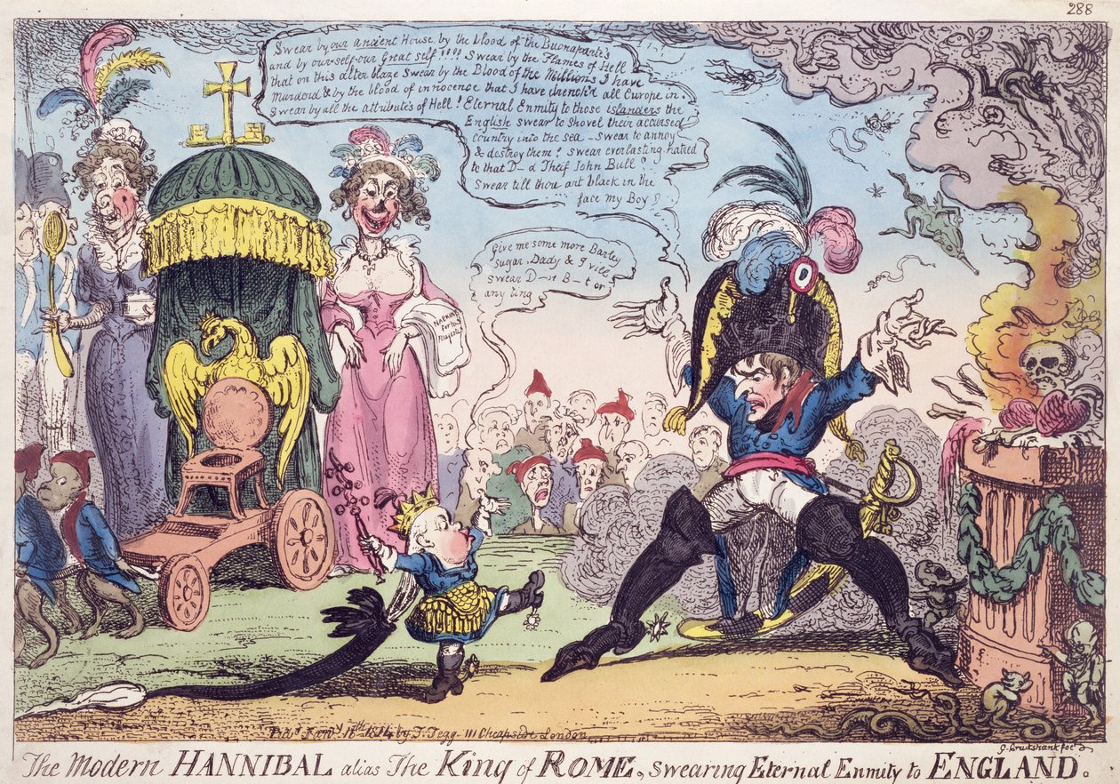 ローマの王、1814-ナポレオンとその息子、ナポレオン2世（1811-32）、ロイデローマを示す漫画 作： ジョージ・クルクシャンク