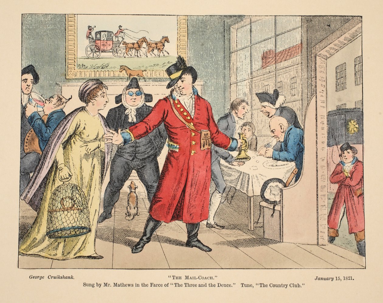 The Three of the Farce and the DeuceでMathews氏が歌うメールコーチ。チューン、カントリークラブ、パブ。 1821（手描きの彫刻） 作： ジョージ・クルクシャンク