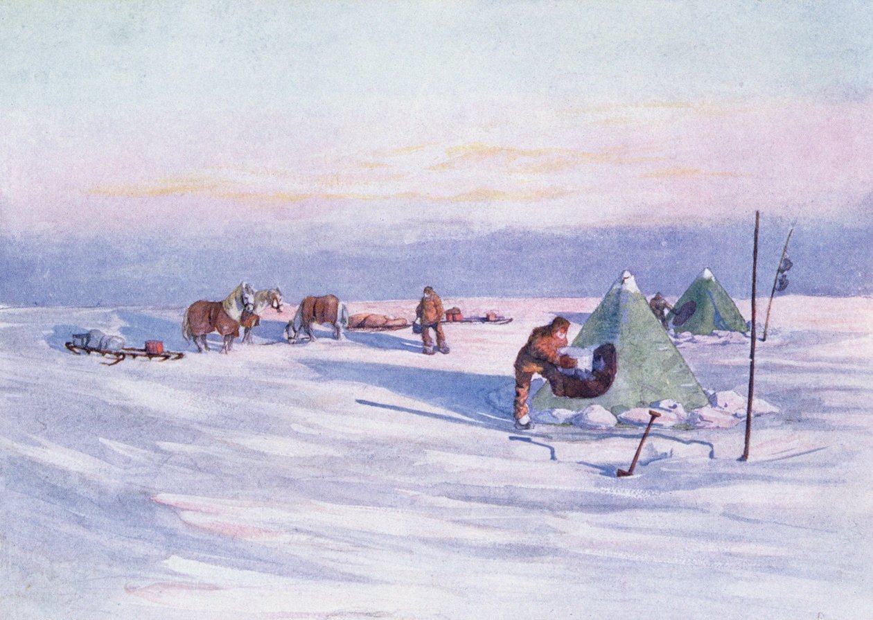 キャンプの組織化、アーネストシャクルトン卿（1874-1922）による「南極のニムロッド1907-09」のイラスト 作： ジョージ・マーストン