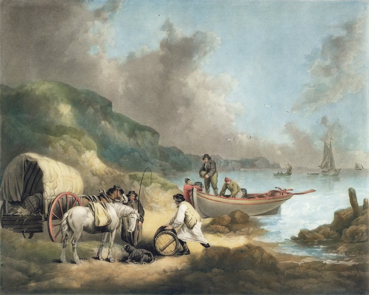 密輸業者、ジェームズウォード（1769-1859）によって刻まれた、パブ。 JRスミス作、1793年（メゾチントの彫刻）（125517組） 作： ジョージ・モーランド