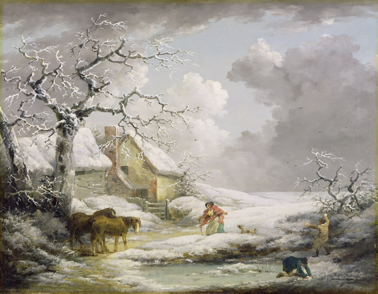 男性が老女を雪だるまのある冬の風景、1790 作： ジョージ・モーランド