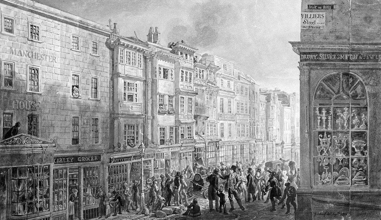 1824年のヴィリヤーズ通りの角にあるストランド（紙にトイレ） 作： ジョージ・スナー・シャープ