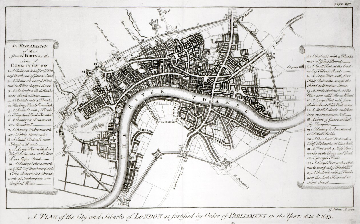 1642年と1643年、1738年のロンドンの要塞 作： ジョージ・バーチュー