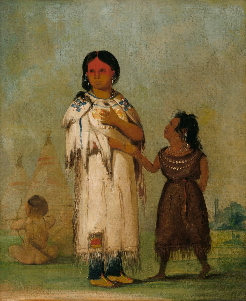 アシニボインの女性と子供、1832 年。 作： ジョージ・カトリン