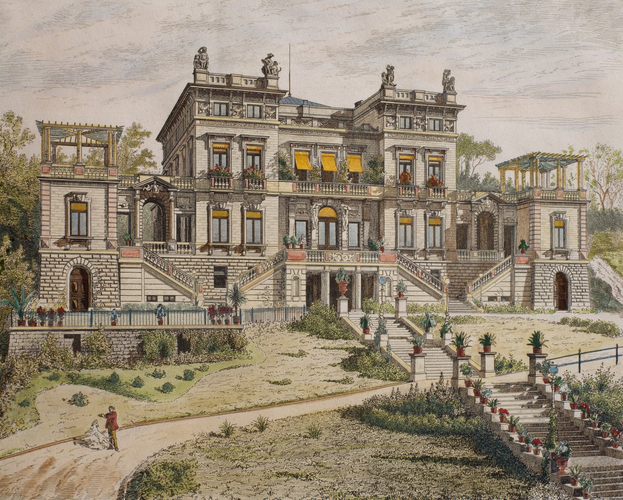 シュトゥットガルト近くの城、ガーデンフロント、「ルモニテュールデアーキテクツ」のイラスト、1881年（カラー彫刻） 作： ジョルジュ・フェリックス・ガレン