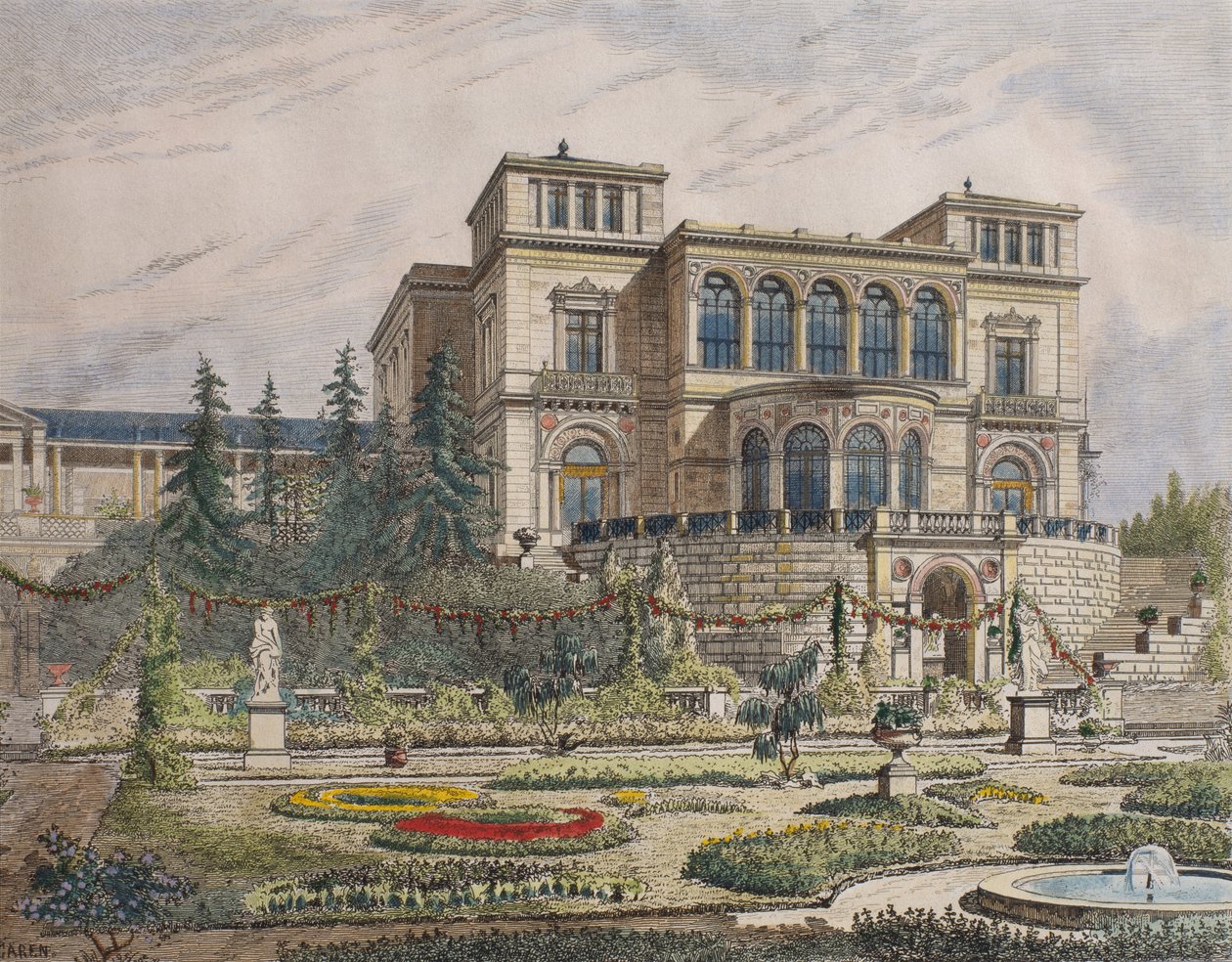 シュトゥットガルト近くの城、ベランダのファサード、「ルモニテュールデアーキテクツ」のイラスト、1881年（カラー彫刻） 作： ジョルジュ・フェリックス・ガレン