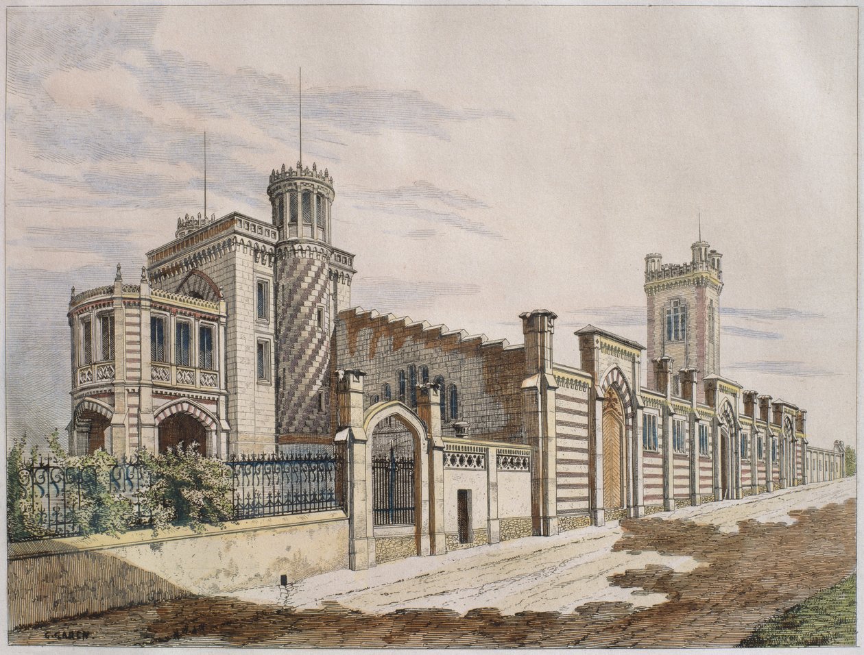 ランスのマダムヴーヴポメリーシャンパーニュの倉庫、「ルモニテュールデアーキテクツ」のイラスト、1882年（カラー彫刻） 作： ジョルジュ・フェリックス・ガレン