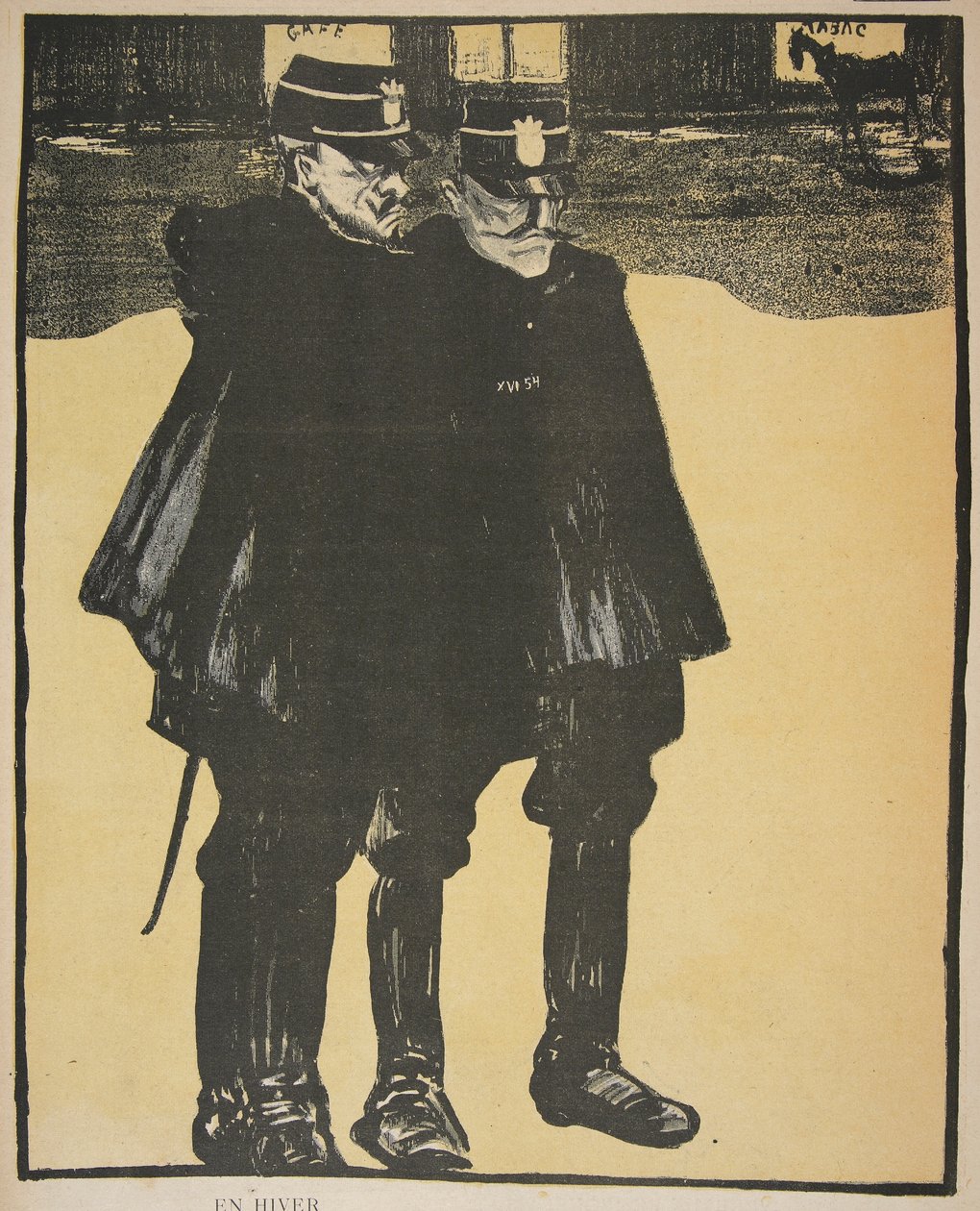 空の街で話している警察、「L&39;assiette au Beurre：La Police」のイラスト、1903年5月23日（カラープリント） 作： ジョルジュ・ドストヤ