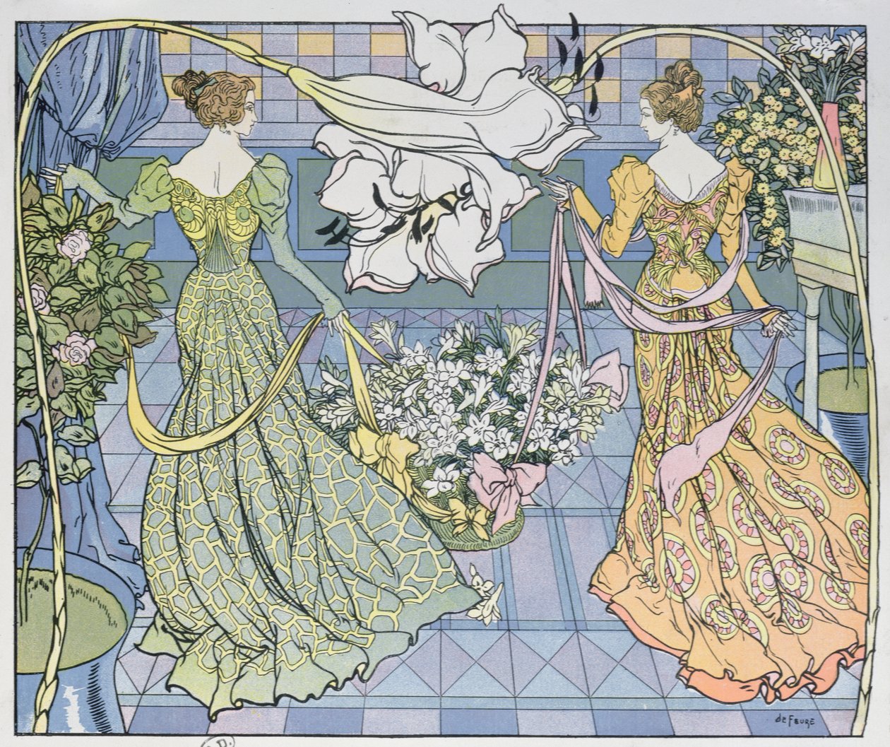 花に囲まれた女性c。 1900（カラー彫刻） 作： ジョルジュ・ド・フール