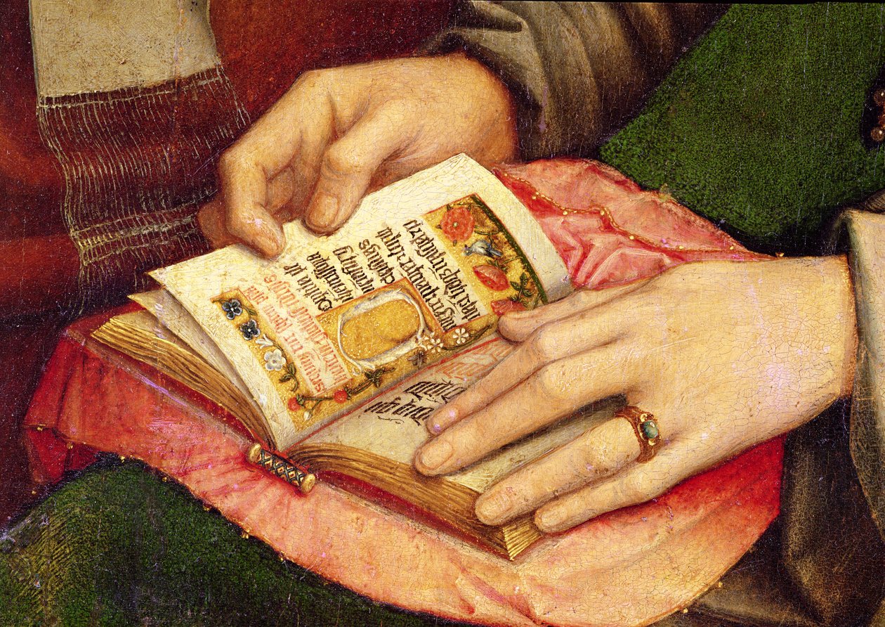 聖人と聖母子、開いた本の詳細、c.1509 作： ジェラルド・デイビッド