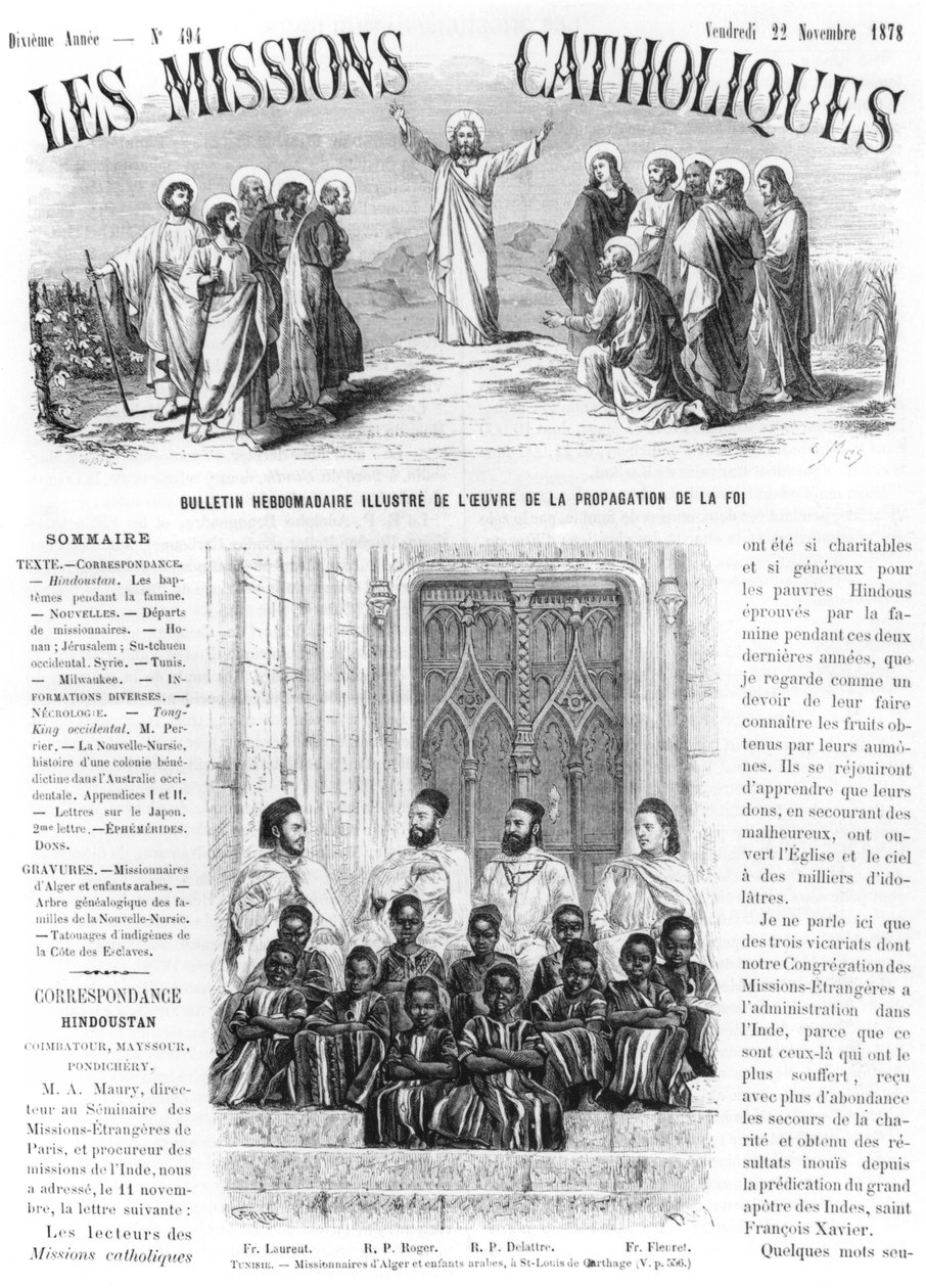 チュニジアのセントルイスのカルタゴにあるアルジェとアラブの子供たちの宣教師、1878年11月22日の「レミッションカソリック」のイラスト 作： ゲリエ