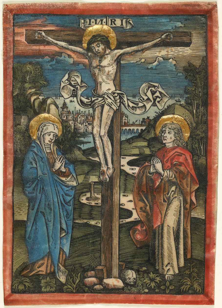 マリアとセントジョンとの十字架上のキリスト、ミッセルDefunctorum、c、1499（ベラムに手描きの木版画）から 作： ドイツ語学校