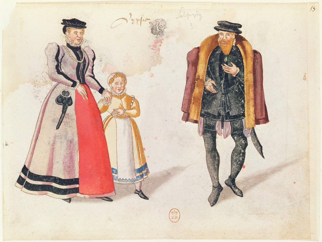 ライプツィヒの市民、1572年（カラー彫刻） 作： ドイツ語学校