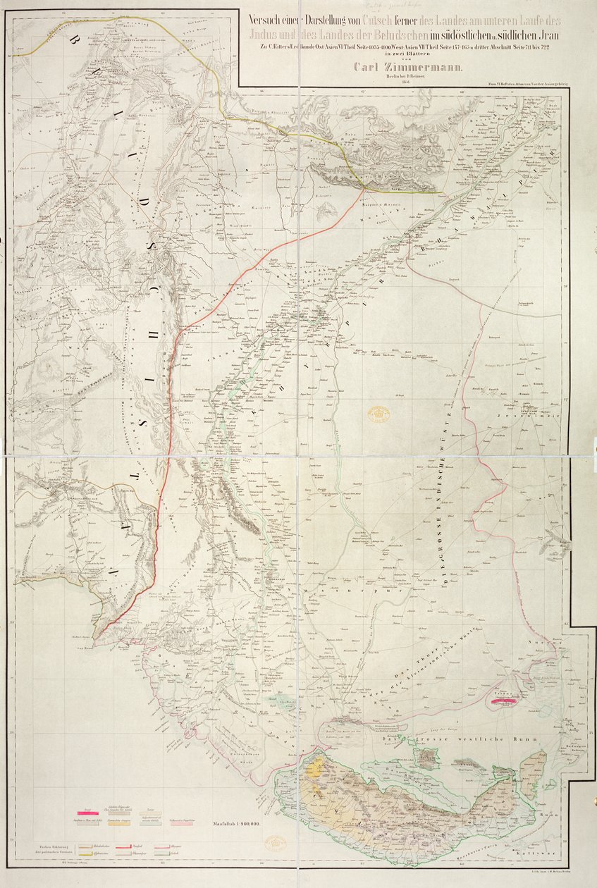 1851年のカールジマーマンによる、インドのカッチ地域と近隣のバルチスタンとの国境の地図 作： ドイツ語学校