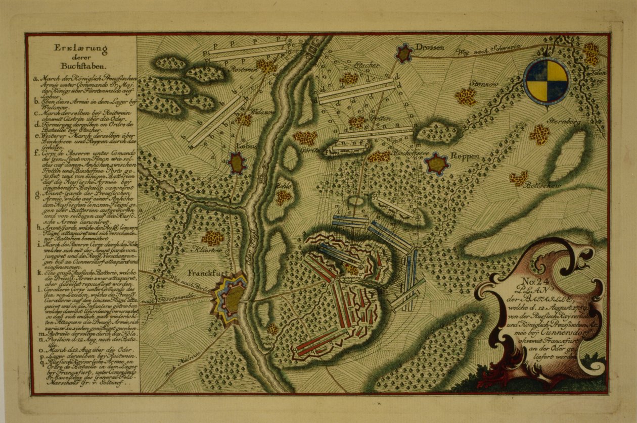1759年、1759年8月12日、クナースドルフの戦いの計画（紙にペンとインク） 作： ドイツ語学校