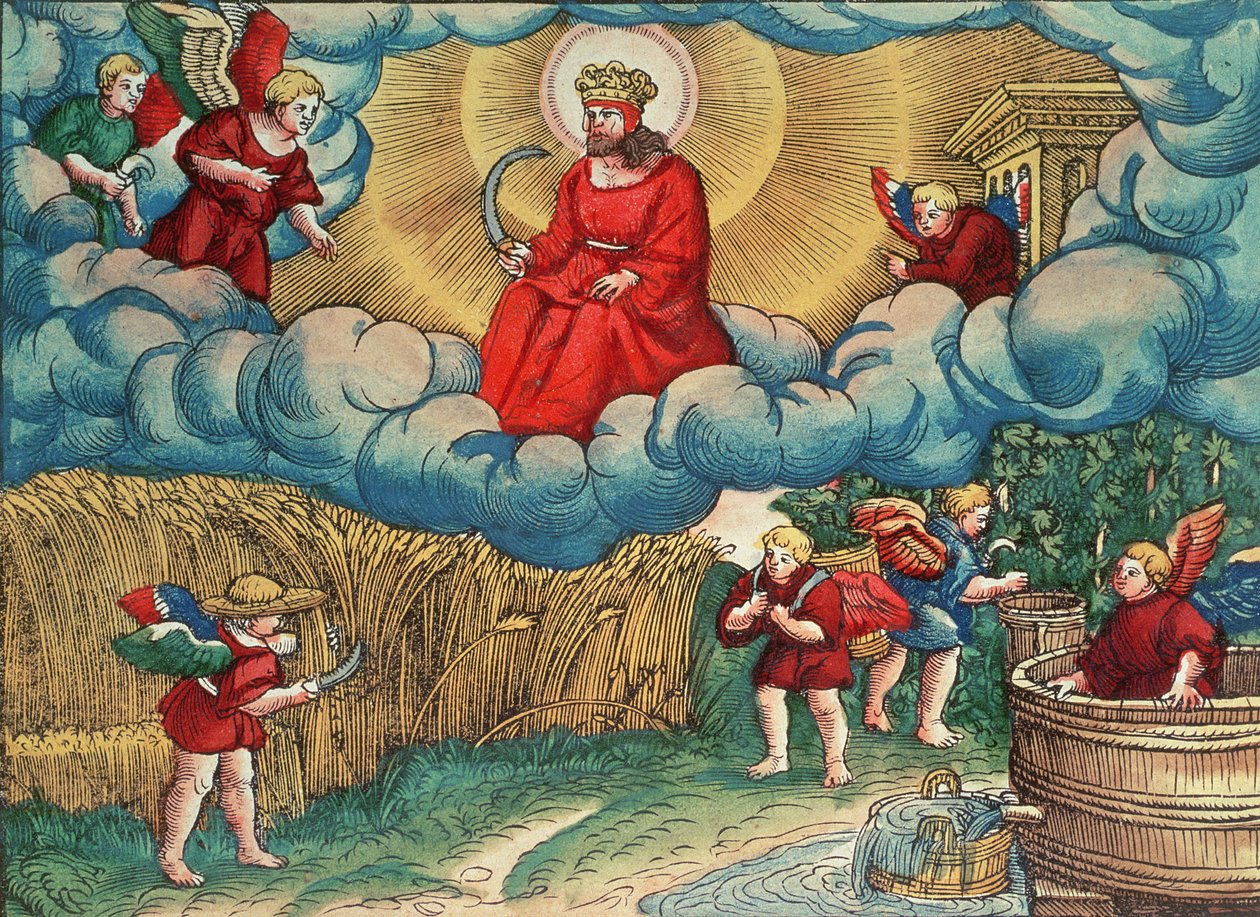 黙示録14:14ルター聖書の死神、幻視のハルマゲドン、c.1530（色の木版画） 作： ドイツ語学校