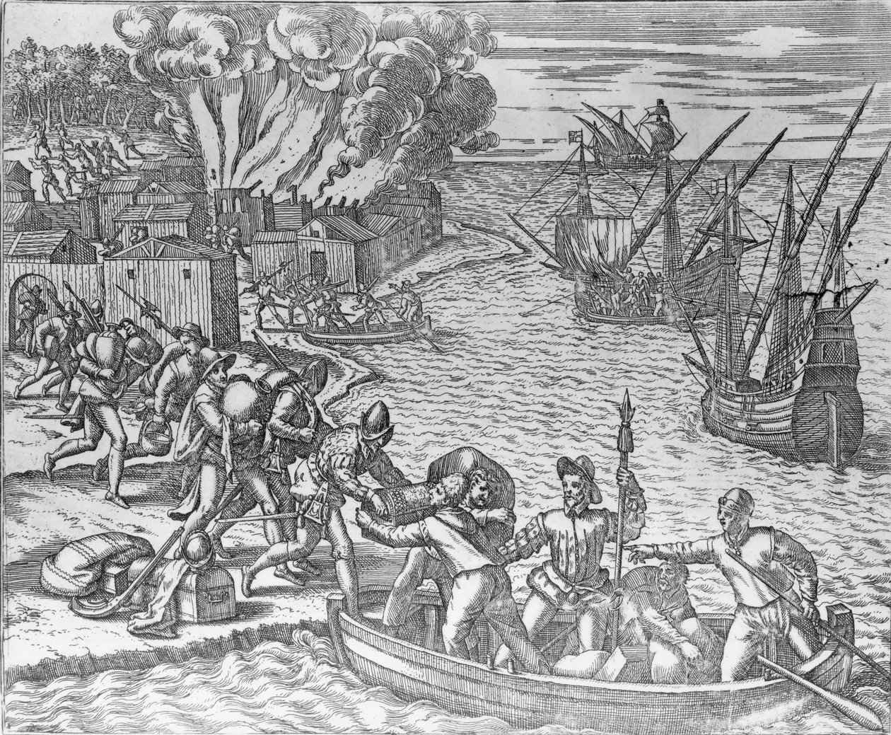 セオドア・ド・ブライ（1528-98）によって刻まれたフランス艦隊の略奪とキオレラムの町への砲撃 作： ドイツ語学校