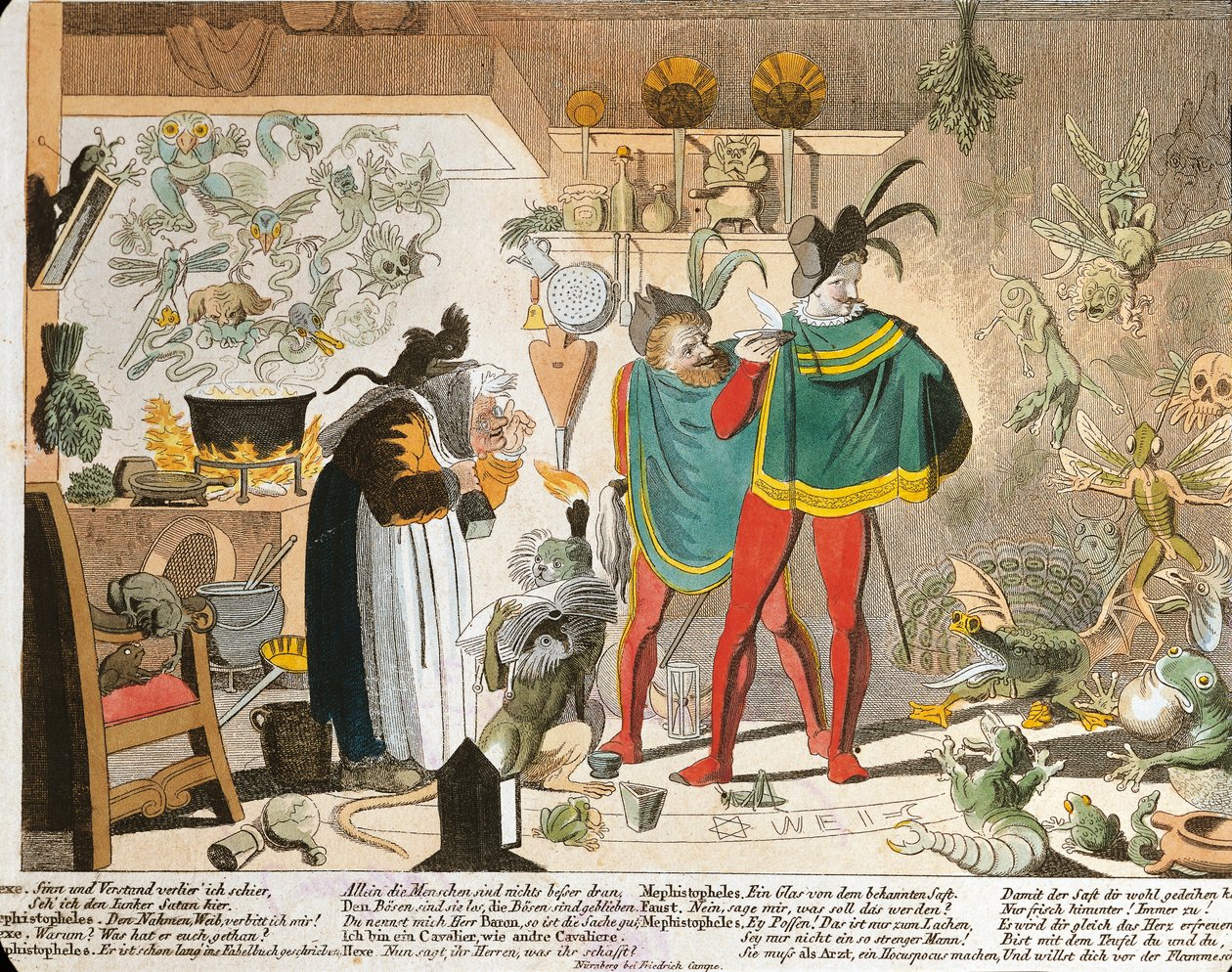 ファウストに触発されたメフィストフェレス（彩色済み彫刻 作： ドイツ語学校