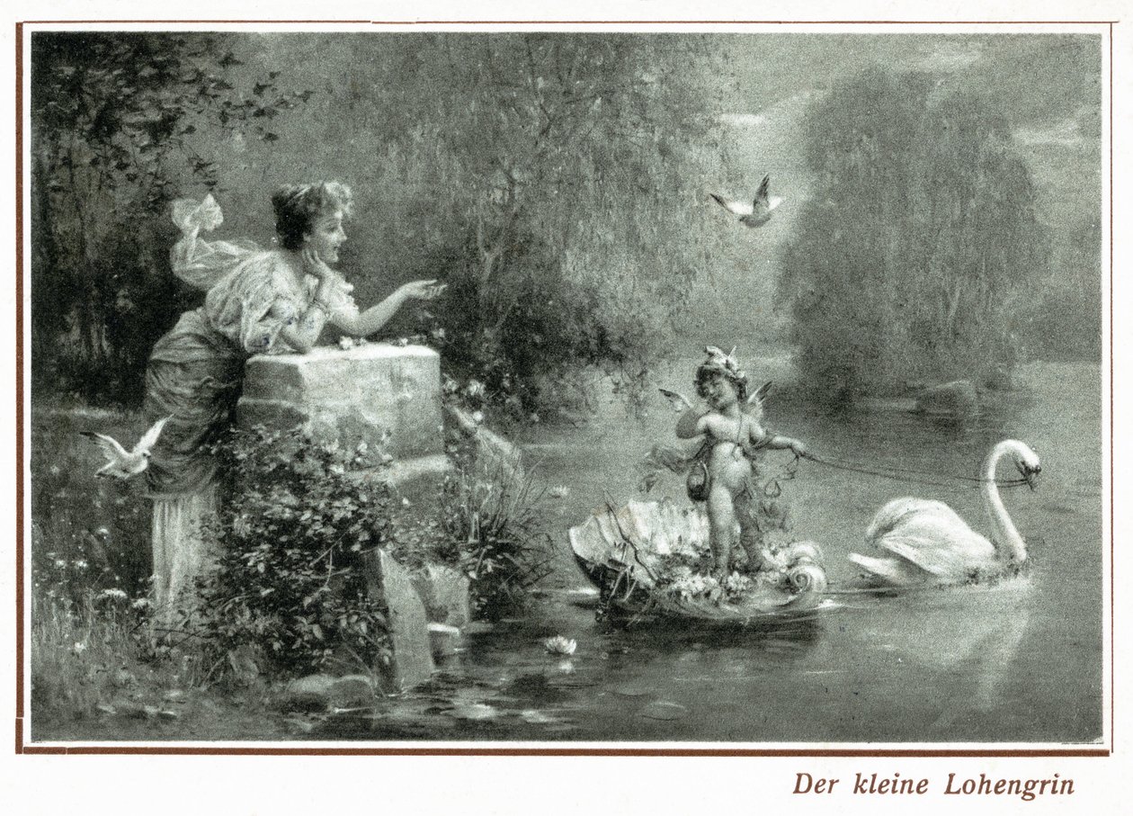 Cartão postal representando Lohengrin com o cisne (litho) 作： ドイツ語学校