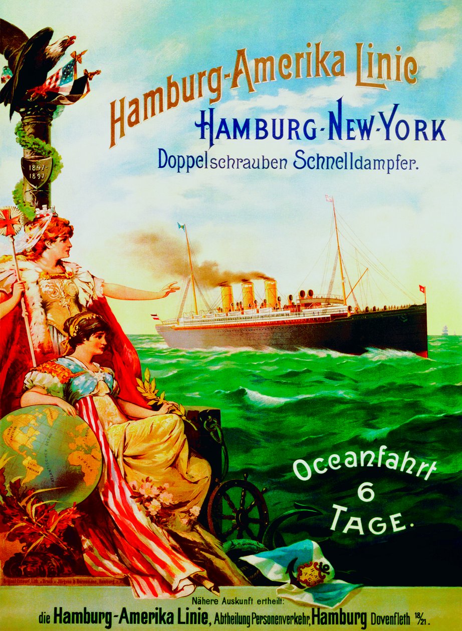 ハンブルクアメリカンラインの広告ポスター、1897年 作： ドイツ語学校