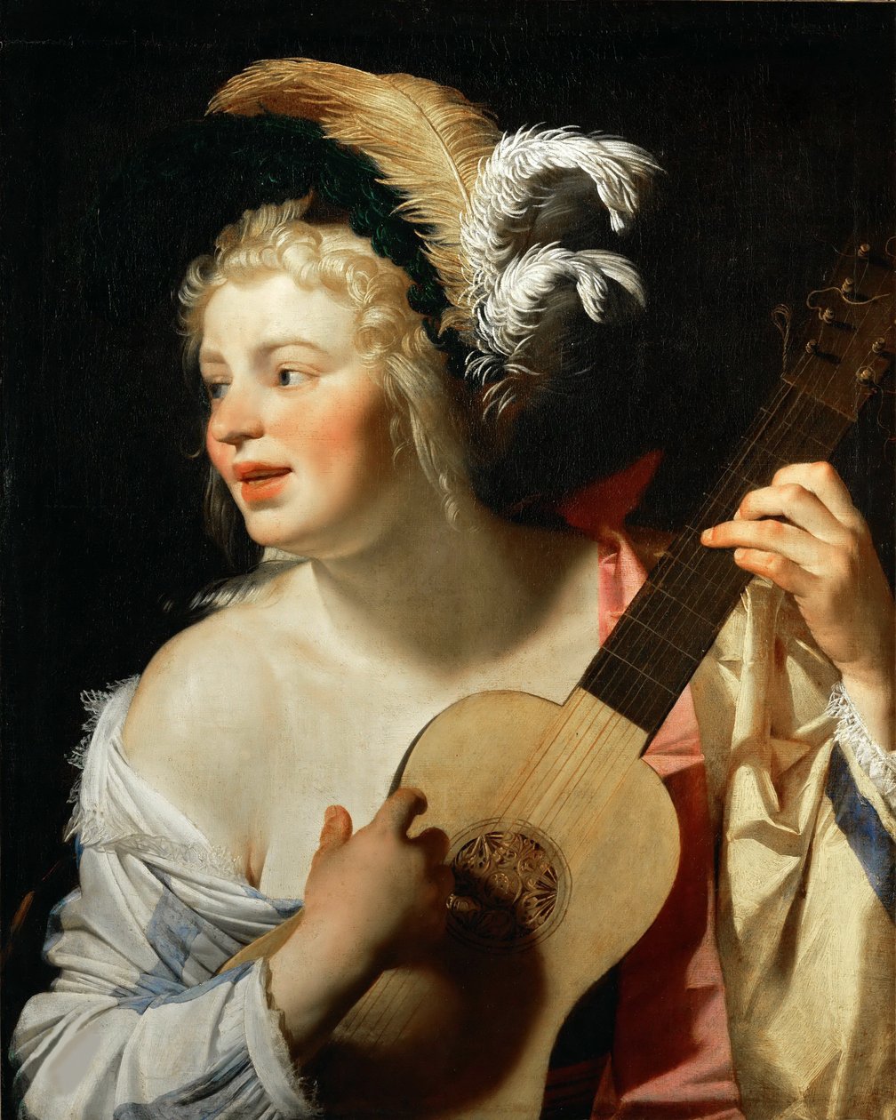 ギターを弾く女、1624年。 作： ゲリット・ファン・ホンソースト